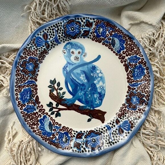 ANTHROPOLOGIE Nathalie Lete Blue Monkey Floral Collector 10" Dinner Plate Art - Picture 1 of 6